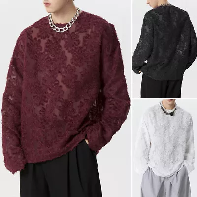 INCERUN Mens Crewneck Long Sleeve Tops Pullover Crochet Sheer Shirt Blouse S-5XL • $17.09