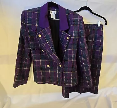 Vintage Lucia Purple Plaid Suit Set Size 10 Jacket Size 6 Skirt Button Accent • $30