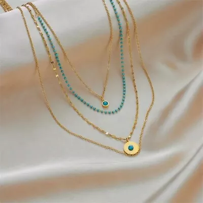 Women Boho Golden Multi-layered Titanium Steel Medal Turquoise Pendant Necklace • $15.98