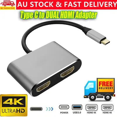 Type C HDMI Adapter 4K USB C To Dual HDMI USB 3.0 PD Charge Port USB-C Converter • $23.73
