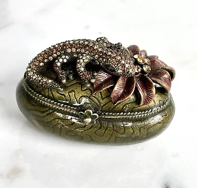 LIZARD GEKKO FLORAL JEWELRY PILL TRINKET SWAROVSKI CRYSTAL ENAMEL BOX NEW Signed • $19