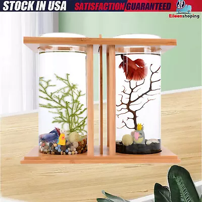 NEW Glass Betta Fish Tank Bamboo Base Mini Aquarium Fish Tank For Desktop Wood • $20.90