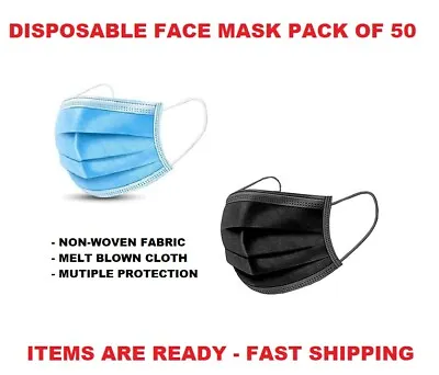 50Pcs Disposable Face Mask Protective 3 Layers General Use Black Blue And Kids • $10.95