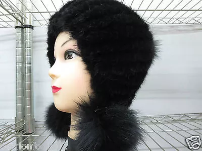 Winter Fur Hat Real Mink Fur Cap Earmuffs Warm With Three Fox Fur Pompom Black • $25.49