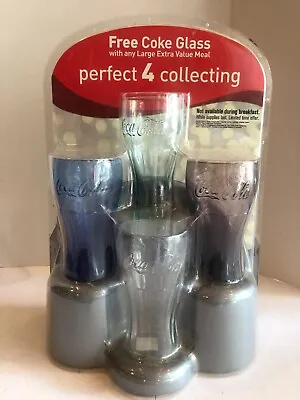 NEW SET Of 4 McDonalds Coca Cola Glasses W DISPLAY CLEAR BLUE PURPLE GREEN #F35 • $69.94