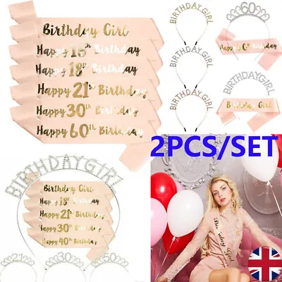 Happy Birthday Silver Tiara Headband Rose Gold Sash 40/50/60th Girls Crown Gift • £3.79