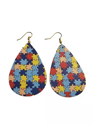 Autism Awarene Dangle Earrings With Multicolor Puzzle Piece Pu Leather Teardrops • $18.99