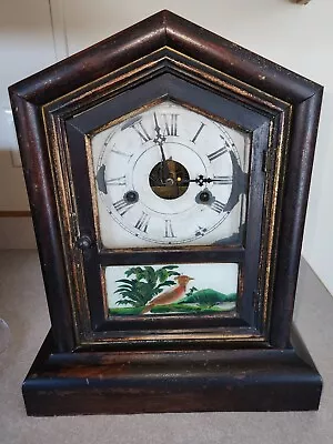 Antique Mantel Clock Wood Case W/Key Spring Type Label Inside Parts Repair • $25