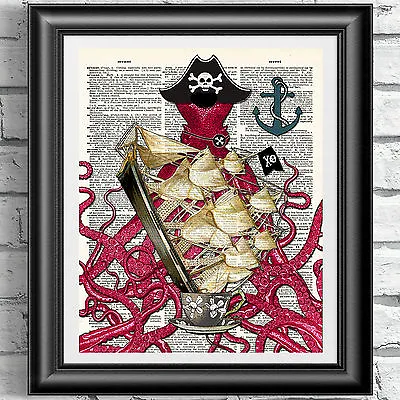 ART PRINT VINTAGE DICTIONARY BOOK PAGE Pirate Octopus Nautical WALL HANGING • £5.99