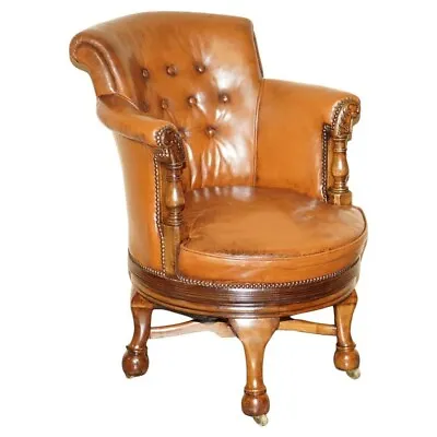 Fine Antique Circa 1860 Chesterfield Cigar Brown Leather Swivel Captains Chair • £2850