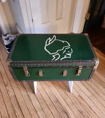 Vintage Green Metal & Wood Trunk Foot Locker 25 X 14 X 9.5 Indian Graphic On Top • $42