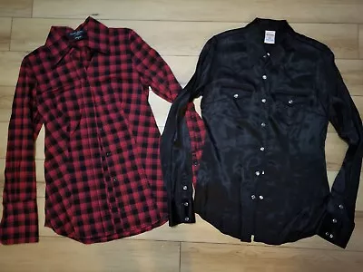 2 True Religion Guess Marciano Silk Buffalo Plaid Snap Button Shirts Top Lot S M • $34.99