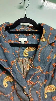 Mint Denim Blue Paisley 70s Boho Hippie Embroidery 3/4 Sleeve Retro Short Jacket • $40