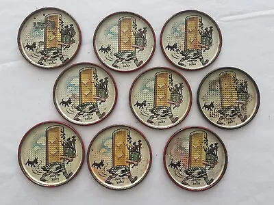 Set Of 9 Vintage Metal Drink Coasters Scotch & Soda 1950's Tin Litho • $32