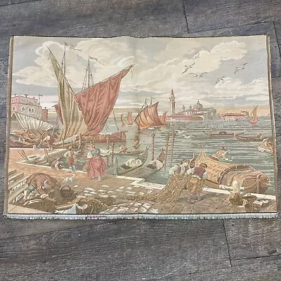 Vintage French Tapestry Medieval Arazzo Italian Venetian Ship Harbor Scene • $44.99