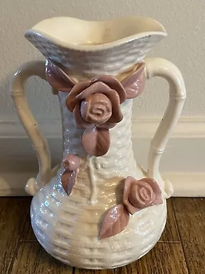 Moriyama Mori-Machi Vase White Basket Weave With Pink Roses Double Handles • $17