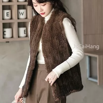 Knitted Real Mink Fur Vest Lady Fashion Fur Coats Waistcoat Gilets V -Collar • $227