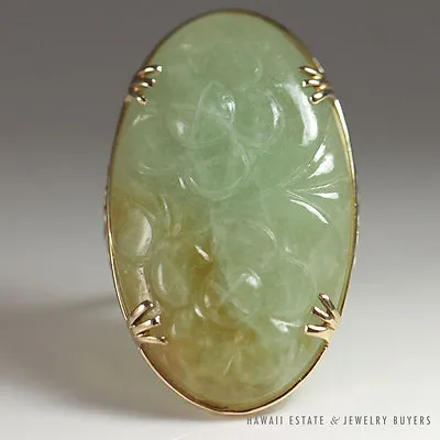 Ming's Hawaii Bi-color Green Jade 14k Yellow Gold Flower Ring Sz 6.5 Mings Jade • $1800