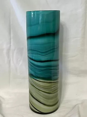 Vintage Turquoise And Green Swirl Glass Vase Hand Blown 13.25” Tall • $45