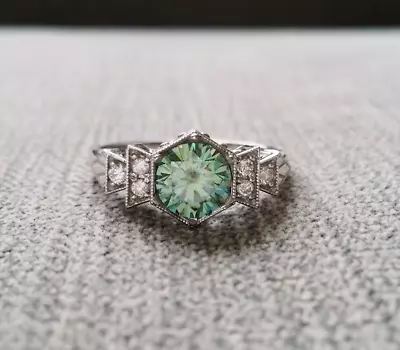 Art Deco Vintage Lab Created Diamond And Blue Green Emerald Wedding Silver Ring • $68.60