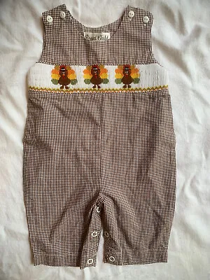 ROYAL CHILD Boys Thanksgiving Smocked Longall Sz 0-3mo Brown Check Turkeys Fall • $14