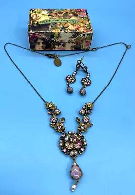 Michal Negrin Signed Brass W/Multi-Colored Stones Necklace & Earrings W/Box /VTG • $179.95