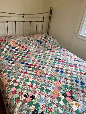 GORGEOUS Vintage Patchwork Quilt Hand Stitched 1930-1950's Prints 70x85 • $425