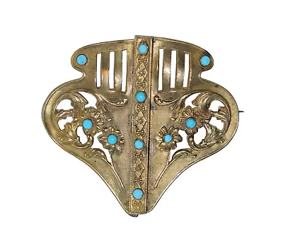 C.1880s Nouveau Arts & Crafts SHIELD Sash Pin W/ Turquoise Colored Glass Flowers • $85