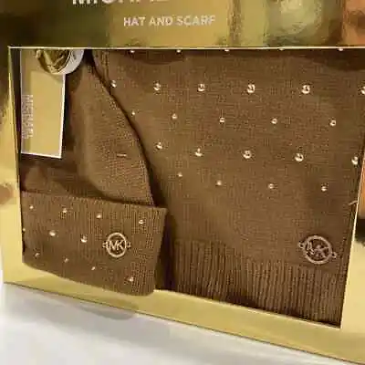 $98 Michael Kors Women Classic Rib Scarf Hat Gift Set Caramel Color W Gold Dots • $19.95