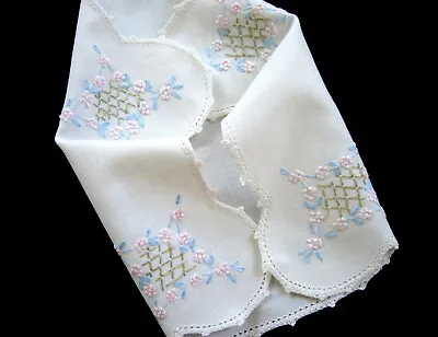 Shabby VTG Chic White Linen Embroidered Centerpiece Doily Pink Forget Me Nots  • $12.99