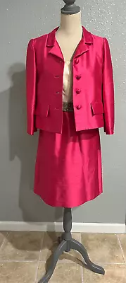 Vintage Dress & Jacket 60s Hot Pink Silk Suit Classic. Bling Jeweled Waistband C • $199