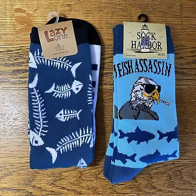 Lot Of 2 Mens Fish/Shark Socks 'Fish Assassin' & 'Something Smells Fishy' New • $15