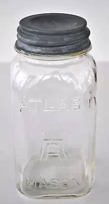 Vintage ATLAS (H OVER A) MASON CLEAR QUART CANNING JAR W/ CORRECT ATLAS ZINC LID • $18