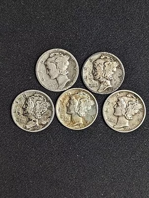 Lot Of 5x Mercury Dimes With Different Dates 1924-S 1927 1928 1937 & 1939-D • $5.50