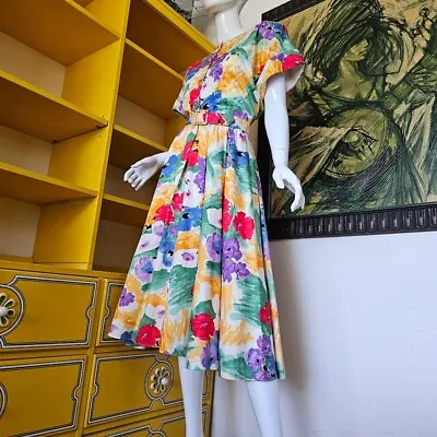 Vintage 80s Tropical Watercolor Floral Full Circle Skirt Sundress Day Dress M • $45