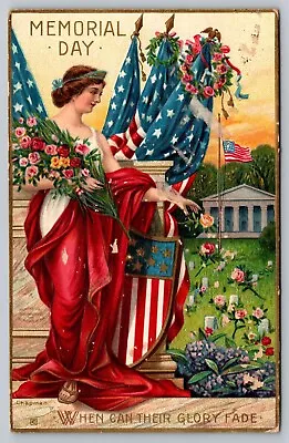 Postcard Memorial Day Lady Liberty Red US Flags Shield • $12.95