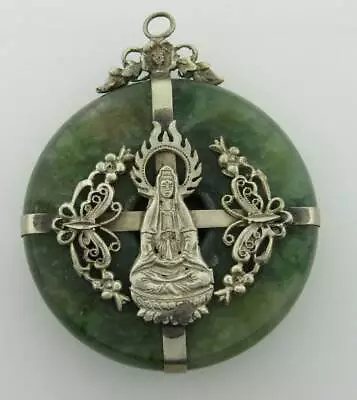 Green Jade And Silver Pendant Quan Yin Goddess Religious Pendant 22521 • $499.99