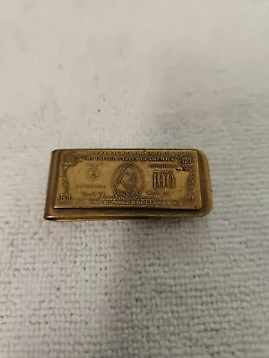 Vintage  A  100 Dollar Bill Money Clip 1974 Gold Tone Brass Money Clip Nlv • $25