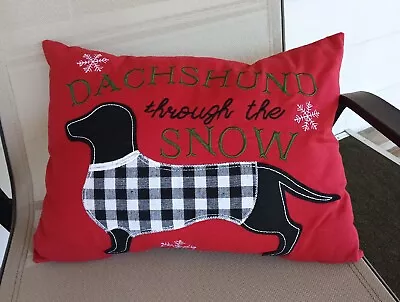 Dachshund Through The Snow 18 X 12.5 Decorative Red  Throw Pillow • $19.23