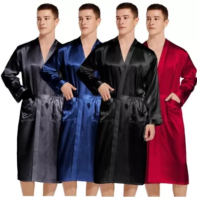 Mens Long Satin Silk Pajamas Kimono Bathrobe Robe Dressing Gown Pjs Loungewear • $18.80