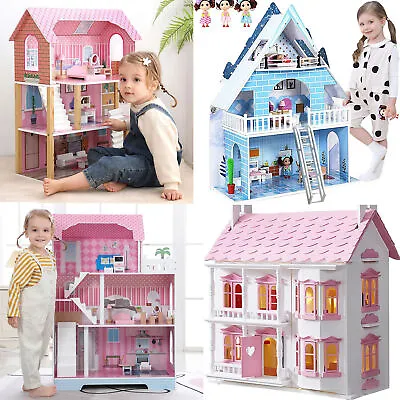 Large Wooden Dollhouse Playset Kids Role Play Toy Educational Doll House Mansion • £65.89