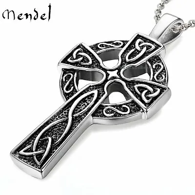 $9.98 • Buy MENDEL Mens Stainless Steel Irish Celtic Knot Cross Pendant Necklace Silver Men