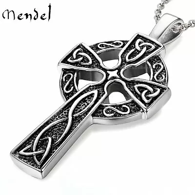 MENDEL Mens Stainless Steel Irish Celtic Knot Cross Pendant Necklace Silver Men • $11.98