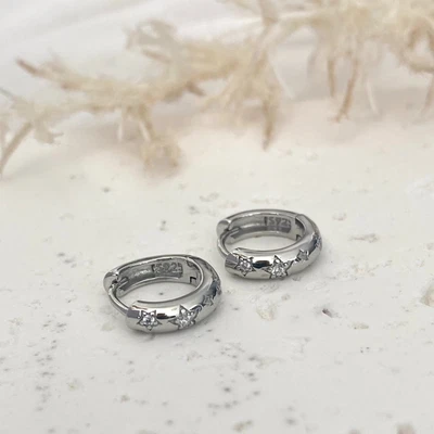 $22.95 • Buy Star Hoop Earrings Small Huggie 925 Sterling Silver White Gold Everyday Earrings