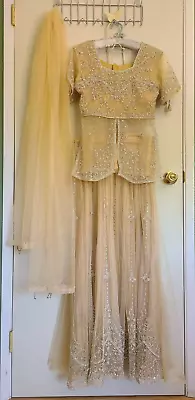 $120 • Buy Vintage Indian 3 Pieces Gold Silk Thread Festive Saree Sari Outfit Set