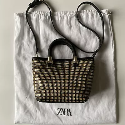 ZARA Black & Natural Raffia Small Cross Body Top Handle Beach Style Bag BNWOT • £25