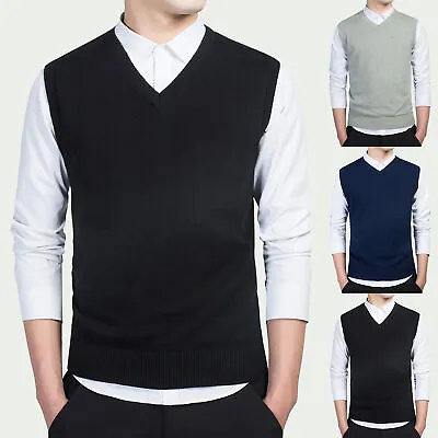 Men Autumn Winter Solid Color Sleeveless V Neck Knitted Sweater Business Vest RI • $16.03