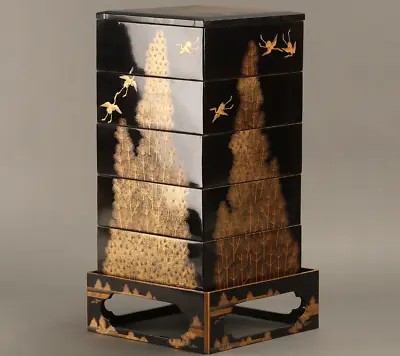 Antique Japanese Lacquer Pine Tree And Crane Maki-e Jubako Stacking Boxes • $2300