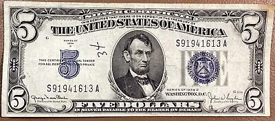 1934 D $5 FIVE Dollar Bill SILVER CERTIFICATE NOTE Fine S/N S91941613A • $14.98