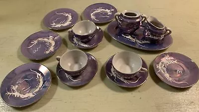 14 Pc VINTAGE CHILDS BLUE MORIAGE DRAGON WARE LUSTERWARE DISH SET - JAPAN • $22.44